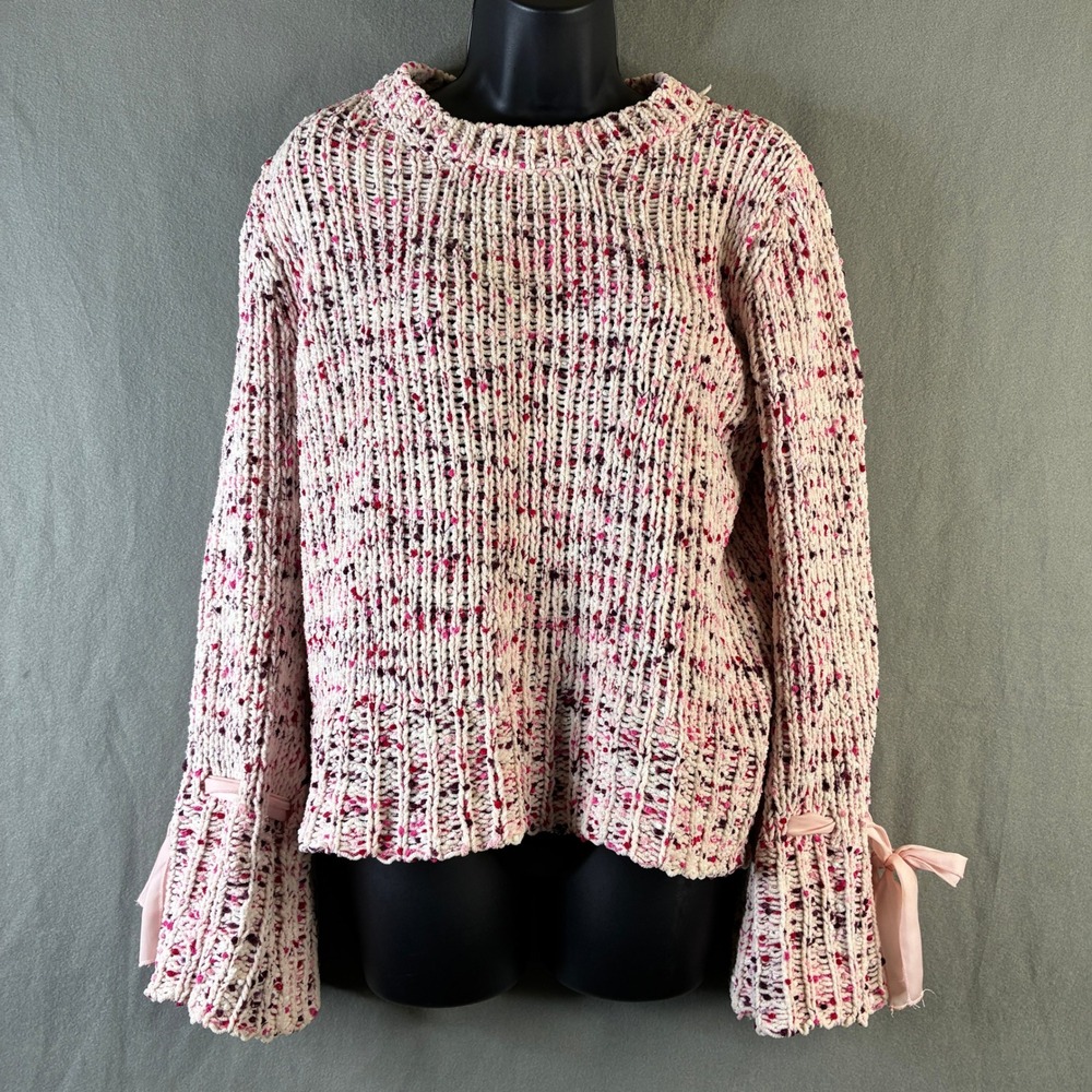 Cupio Blush Womens Pink Confetti Chenille Knit Bell Sleeve Ribbon Sweater Medium